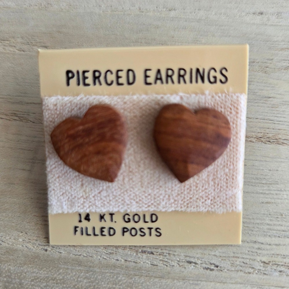 Vintage Wooden Heart Stud Earrings 14KT Gold Filled Posts Natural Wood Grain